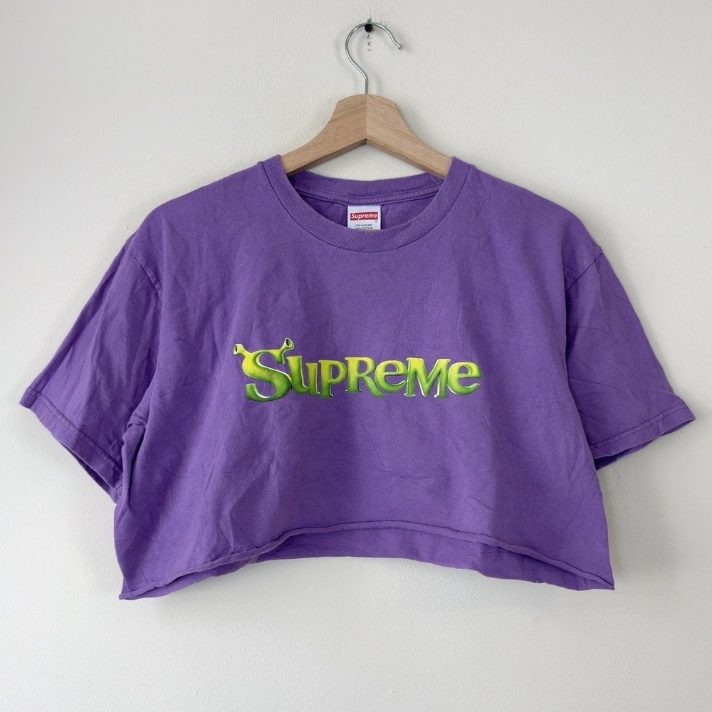 FW21 Supreme Spellout Shrek Movie Cropped Purple Tee Shirt - Medium